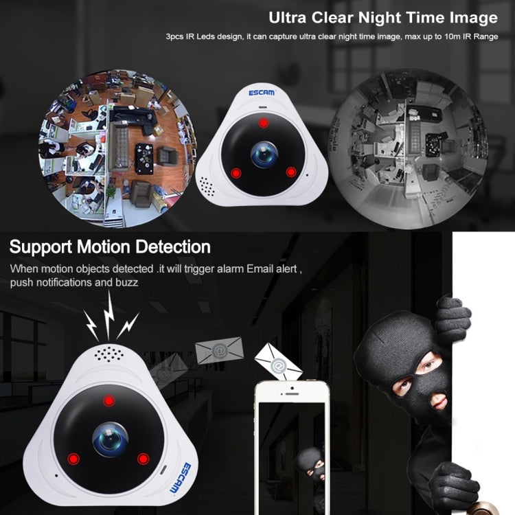 ESCAM Q8 960P 360 Degrees Fisheye Lens 1.3MP WiFi IP Camera, Support Motion Detection / Night Vision, IR Distance: 5-10m, AU Plug, Q8 AU Plug, Q8 EU Plug, Q8 UK Plug, Q8 US Plug ESCAM Q8 960P 360 Degrees Fisheye Lens 1.3MP WiFi IP Camera, Support Motion Detection / Night Vision, IR Distance: 5-10m, AU Plug, Q8 AU Plug, Q8 EU Plug, Q8 UK Plug, Q8 US Plug